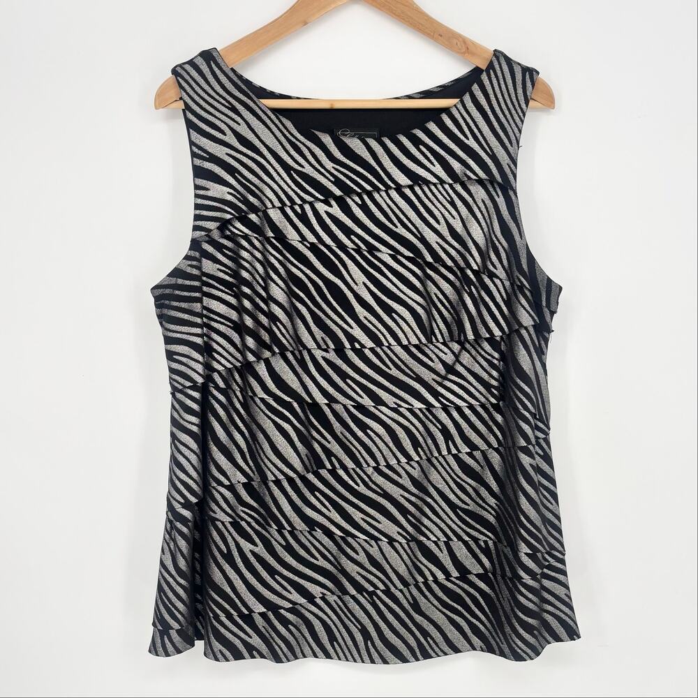 Dressbarn Black and Silver Metallic Striped Ruffle Layered Tank Size 1X